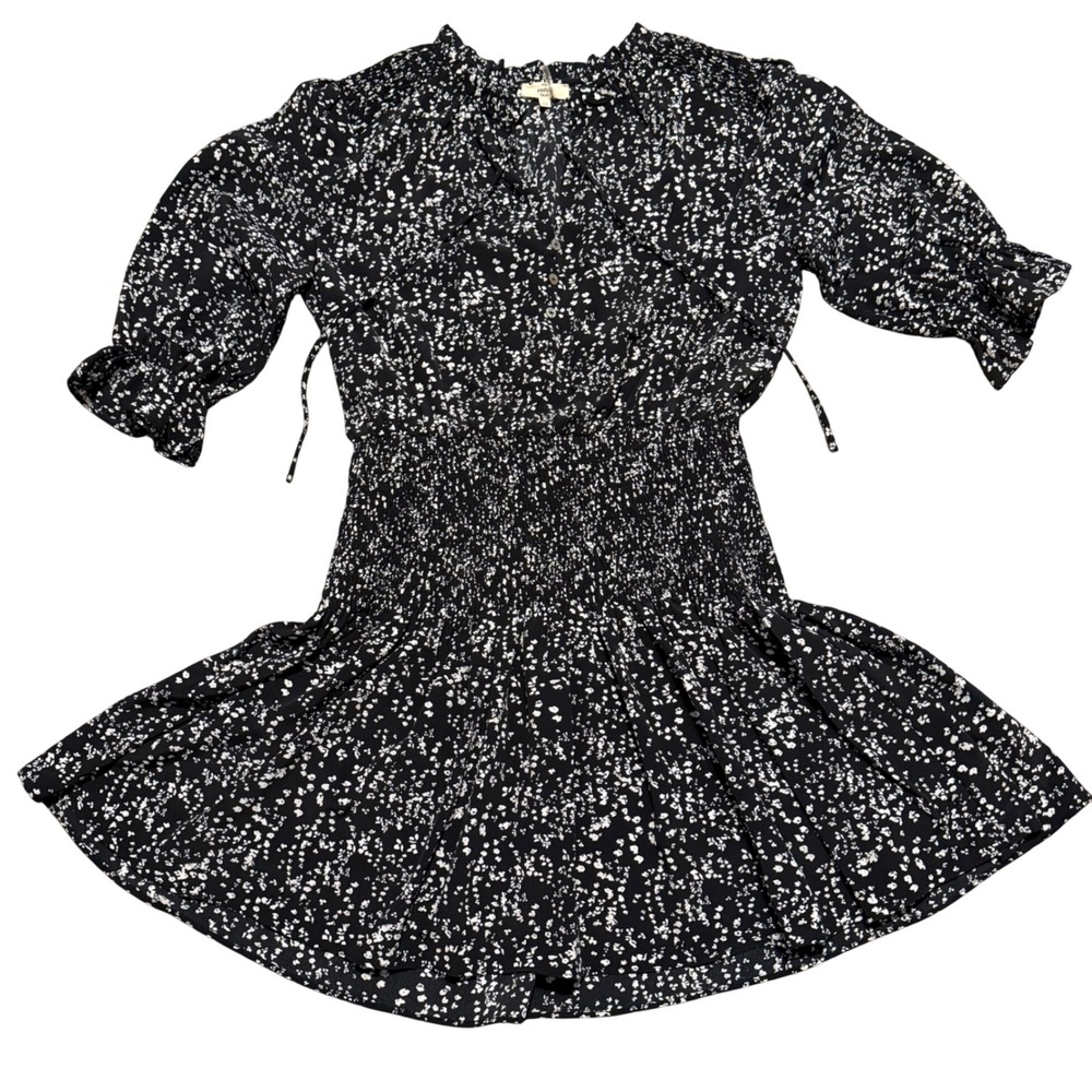 Entro Black Cream Floral Smocked Waist Ruffle Mini Dress Medium